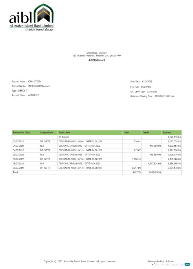 Download Bangladesh Al Arafah Islami bank statement excel Photoshop template